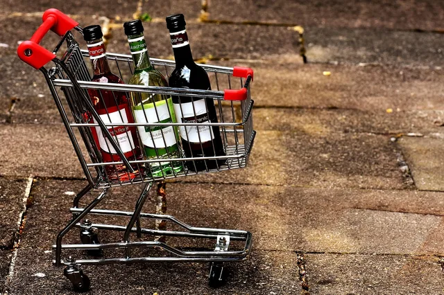 shopping venture, wine bottles, shopping, sale, business, purchasing, market, alcohol, beverages. Startup funding operations in controlled stages, from evidence room to completion